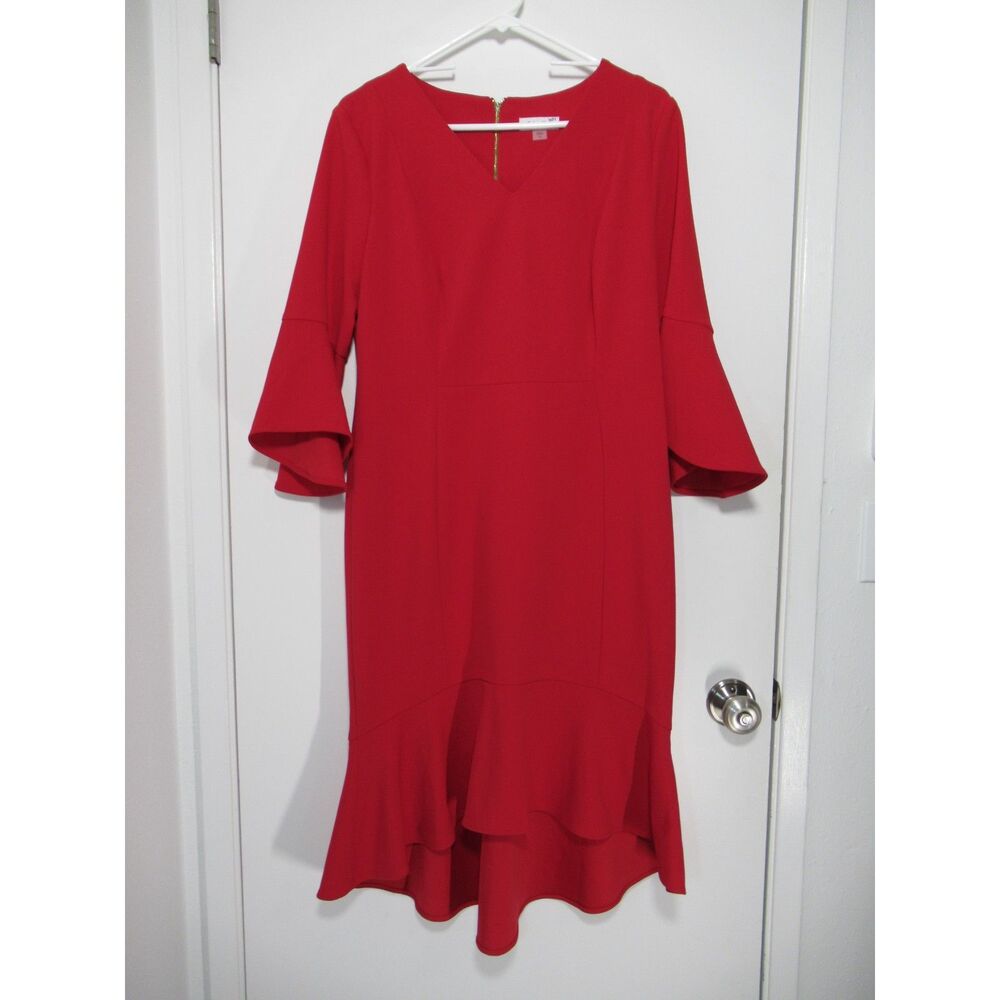 Calvin Klein Red V-neck Bell-Sleee Ruffled High-Low Hem Midi Dress Size 12